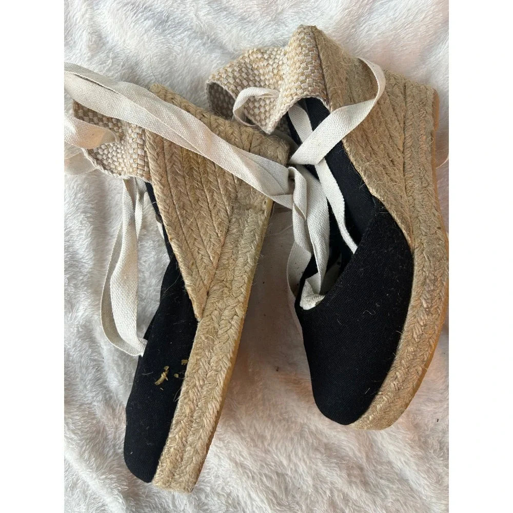 Viscata Black Canvas Espadrille Wedge Lace-Up Sandals Women's Size 7